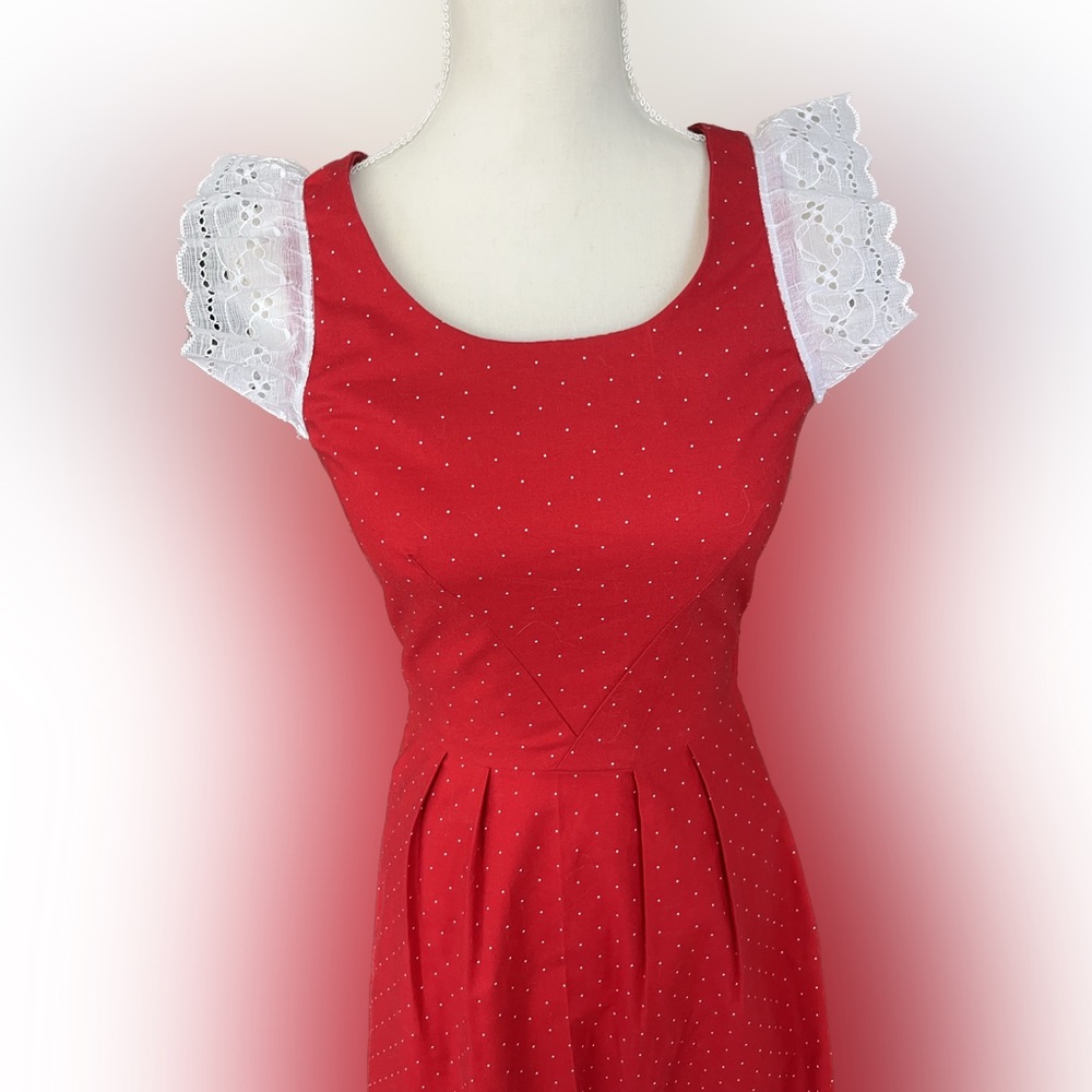 Vintage pin up lace sleeve polka dot fitted dress great condition - Picture 8 of 10